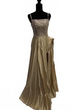 Gold Sequin Bodice Evening Gown with Draped Skirt